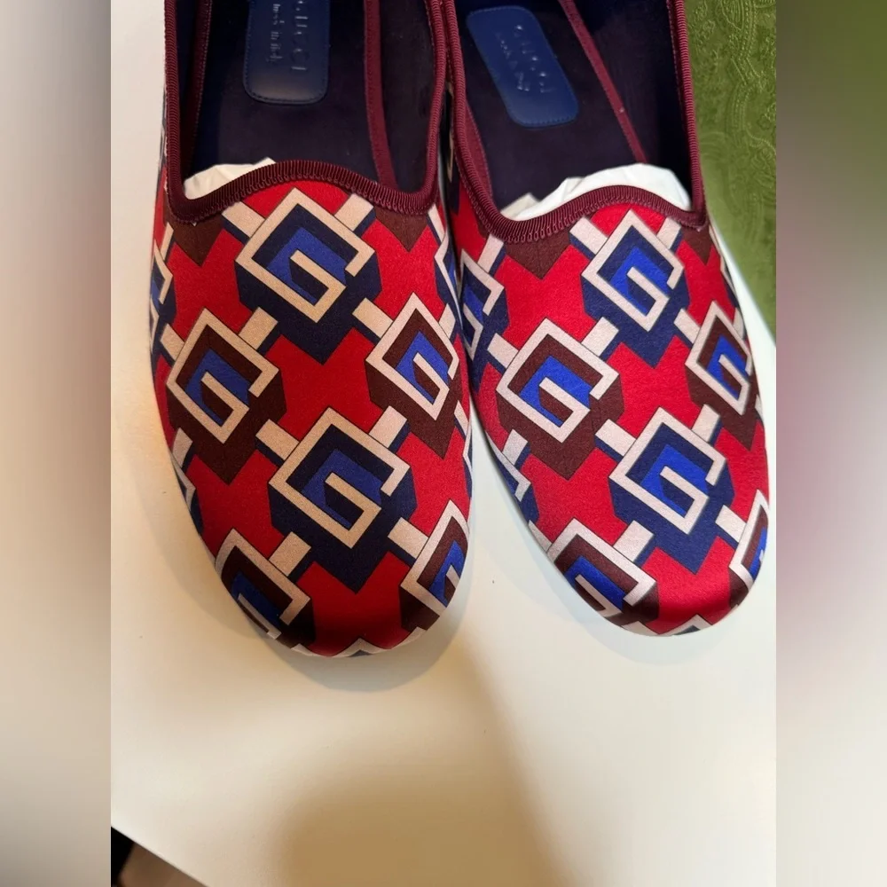 Gucci Red Satin Voyage Geometric G Print Slipper Shoes New $570